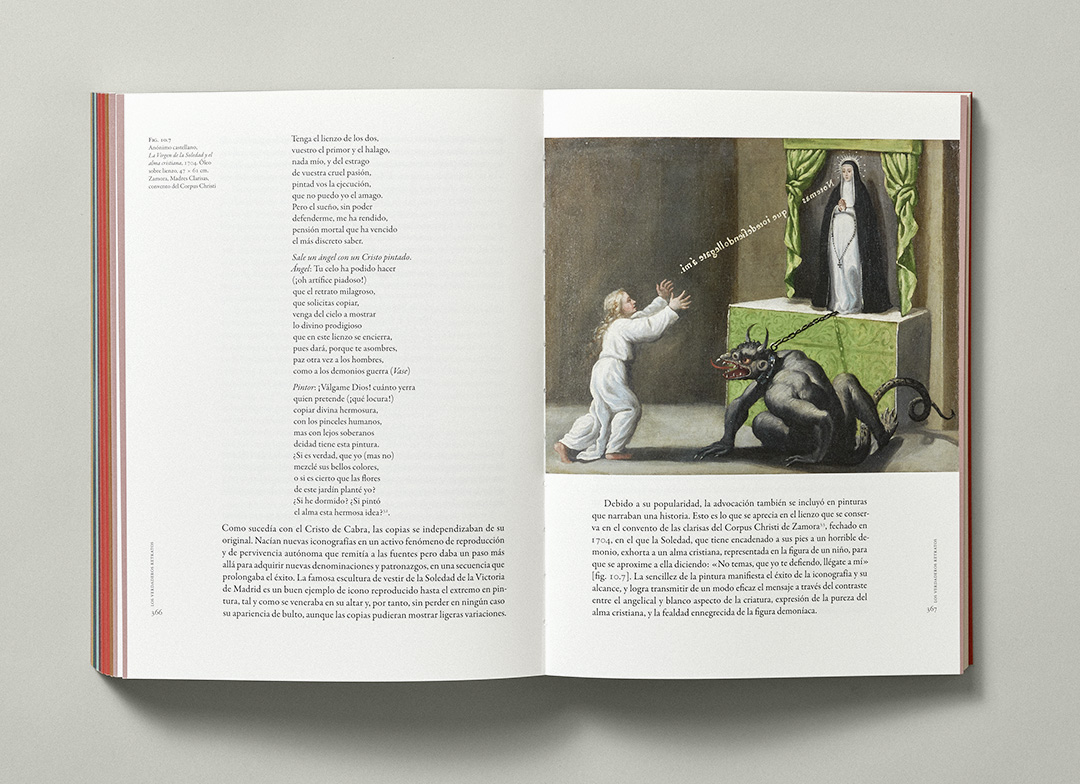 Catálogo abierto Darse la Mano publicado por el Museo Nacional del Prado que muestra la página donde se ve la obra La Virgen de la Soledad y el Alma Cristiana de autoría desconocida