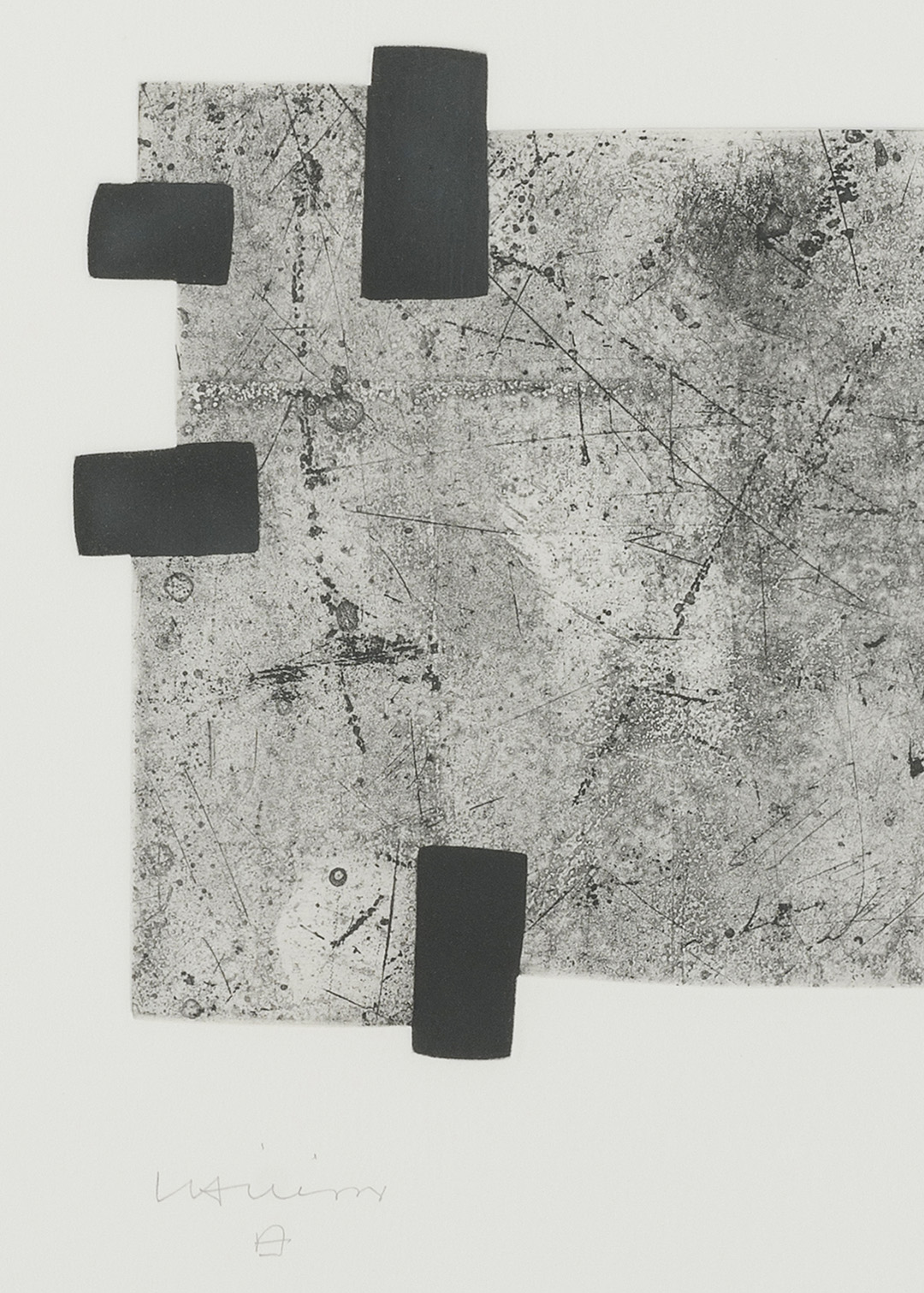 Reproducción de obra abstracta en blanco y negro con texturas y formas geométricas rectangulares de Eduardo Chillida