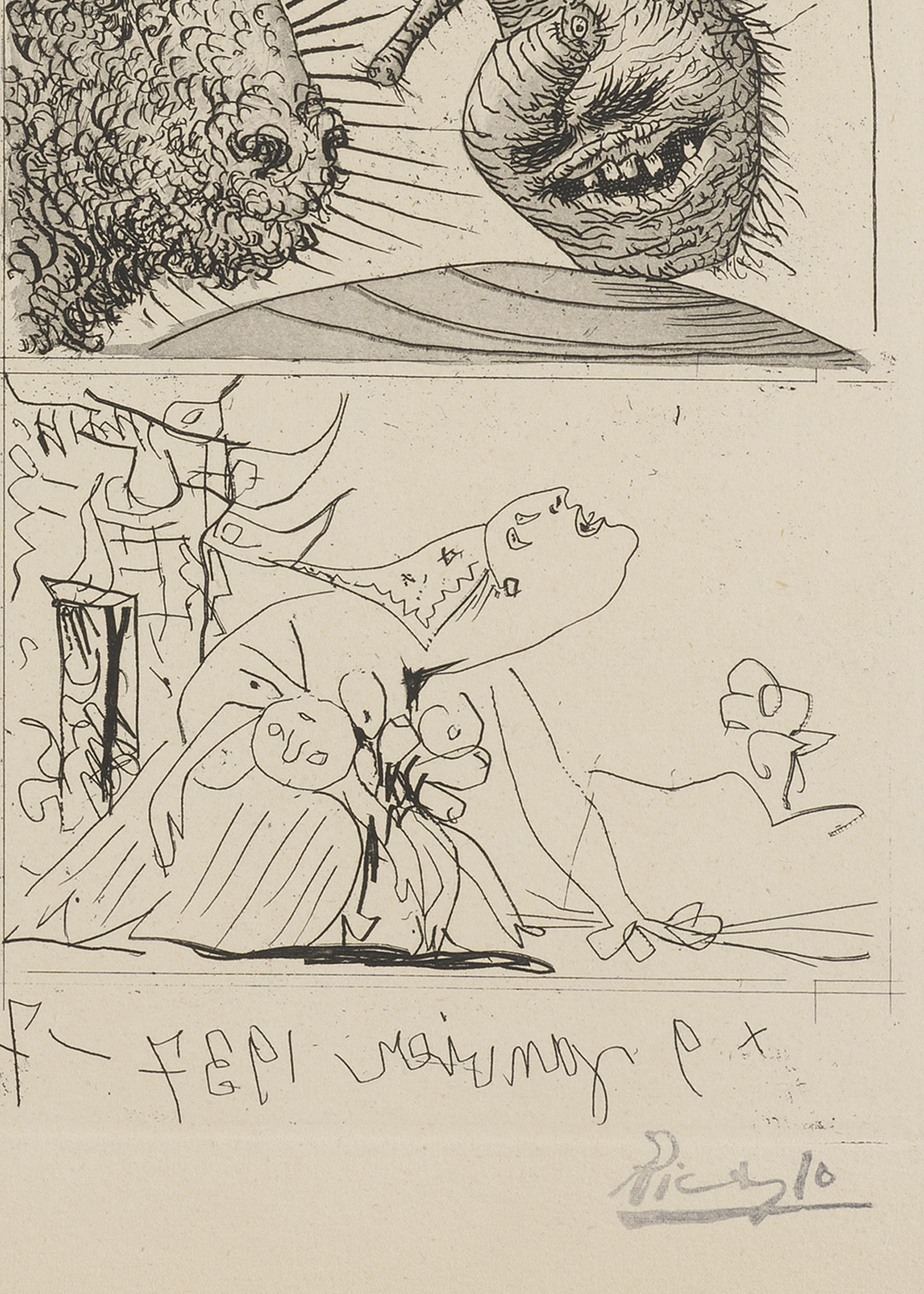 Reproducción de dibujo de Picasso en sepia mostrando figura femenina que rememora al Guernica