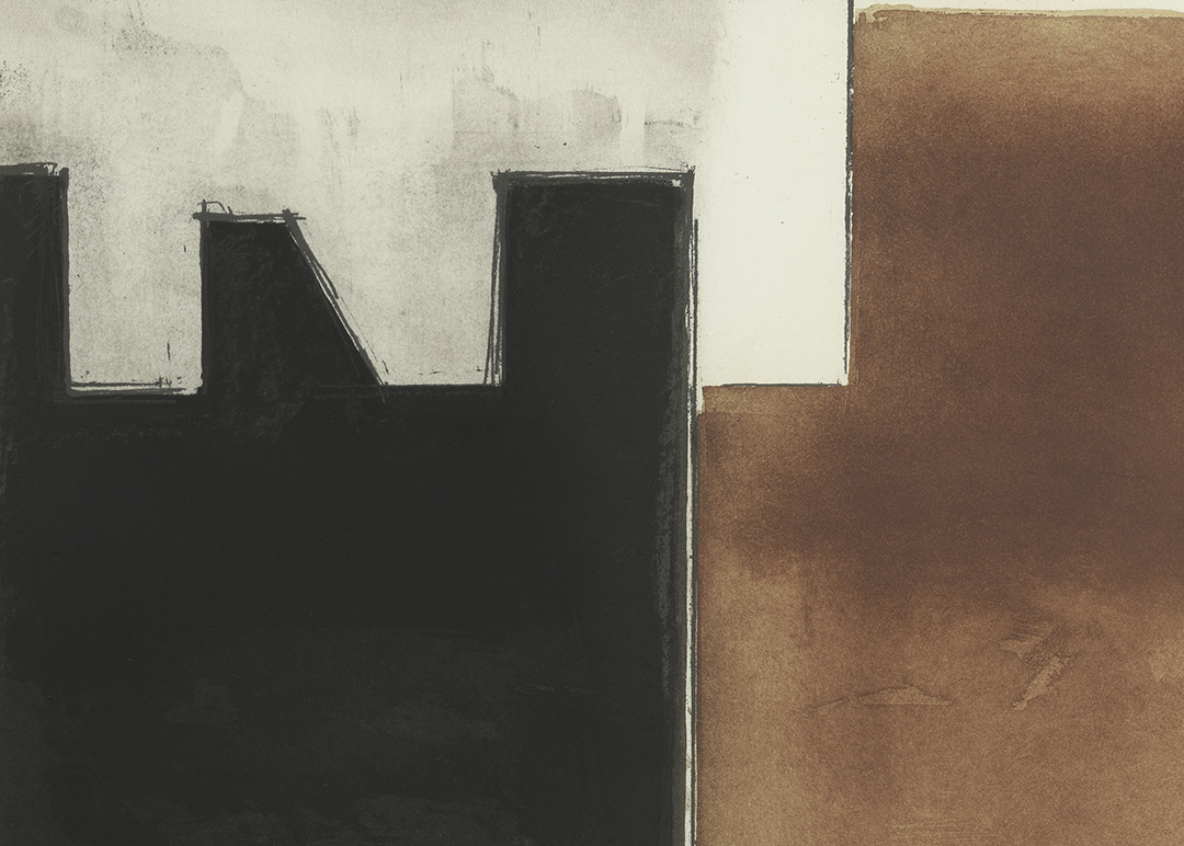 Reproducción fotográfica de pintura abstracta con formas geométricas negras sobre fondo claro y tonos ocres